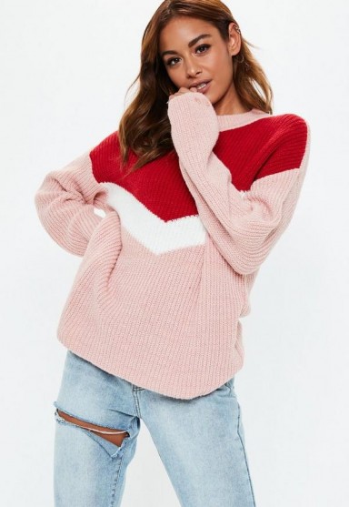 MISSGUIDED pink chevron colourblock jumper – chunky sweaters