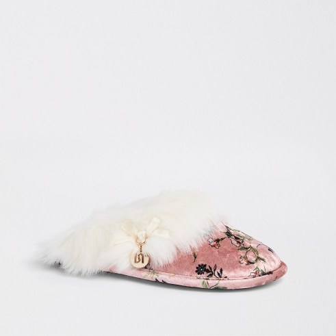 RIVER ISLAND Pink floral print faux fur trim slippers - flipped