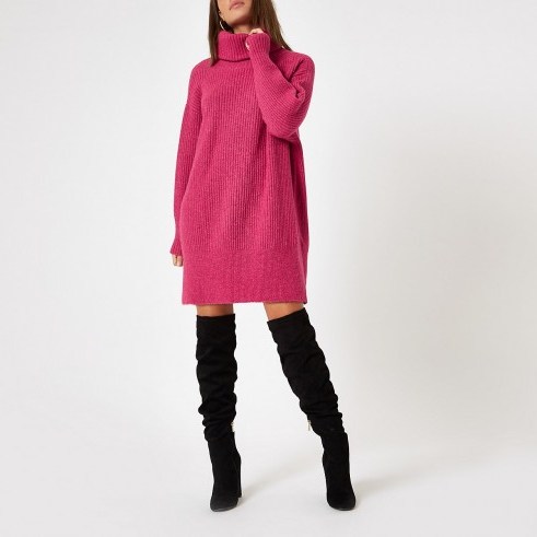RIVER ISLAND Pink knit roll neck jumper dress – chunky sweater dresses - flipped