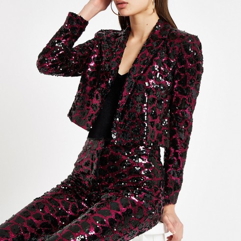River Island Pink leopard print sequin blazer | glamorous party jackets