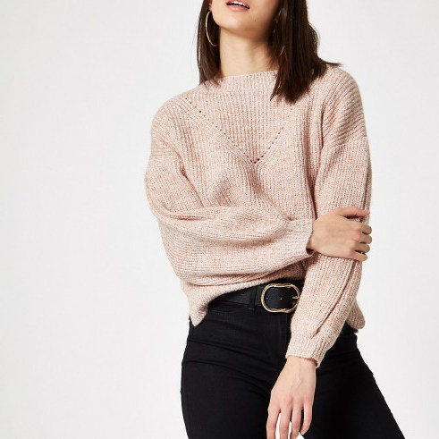 River Island Pink luxe puff sleeve knit jumper - flipped