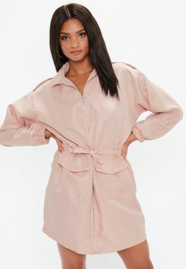 MISSGUIDED pink oversized zip through utility shirt dress - flipped