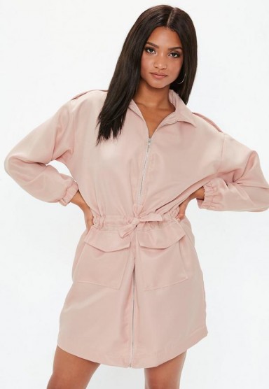 MISSGUIDED pink oversized zip through utility shirt dress