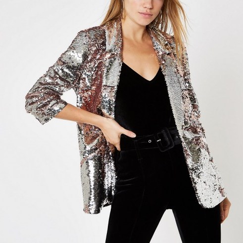 RIVER ISLAND Pink sequin ruched sleeve blazer – shiny going out jackets - flipped