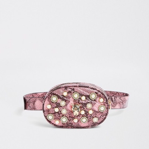 RIVER ISLAND Pink snake print embellished belt bum bag – girly fanny packs - flipped