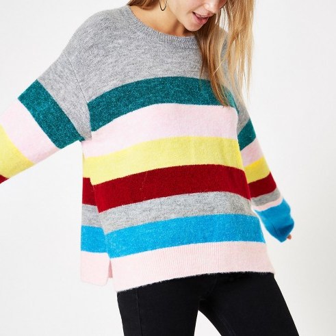 River Island Pink stripe knit side split jumper | striped crew neck sweater - flipped