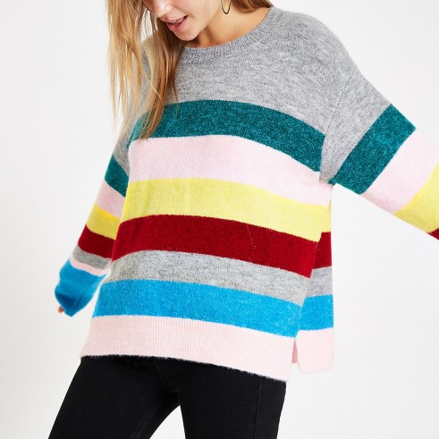 River Island Pink stripe knit side split jumper | striped crew neck sweater