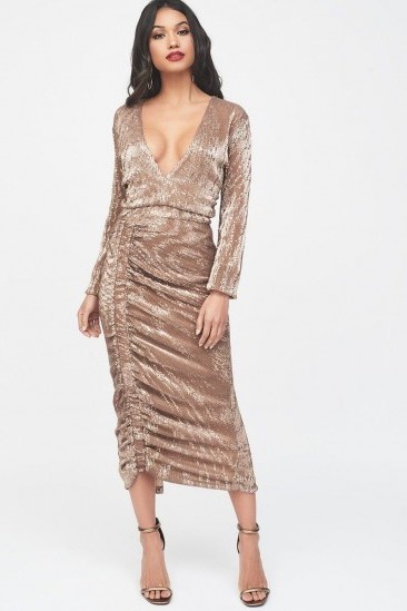 LAVISH ALICE pleated sequin ruched side midi dress in gold – glam plunge front party dress - flipped