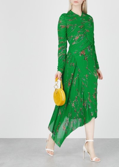 PREEN BY THORNTON BREGAZZI Teresa green printed ruched dress / floral fashion / asymmetric hemline - flipped