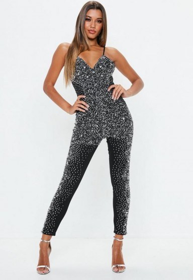 Missguided premium black crystal embellished jumpsuit | party glamour - flipped