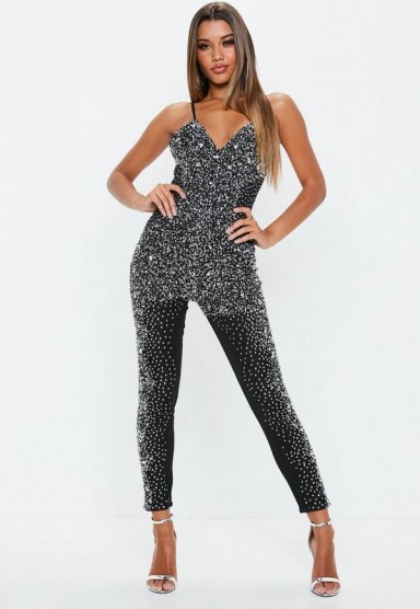 Missguided premium black crystal embellished jumpsuit | party glamour