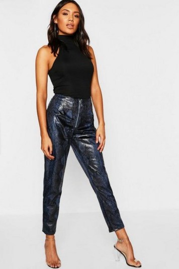 boohoo PU Snakeskin Zip Front Leather Look Skinny Trouser in Blue | shiny party pants - flipped