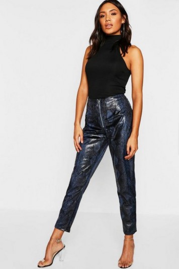 boohoo PU Snakeskin Zip Front Leather Look Skinny Trouser in Blue | shiny party pants
