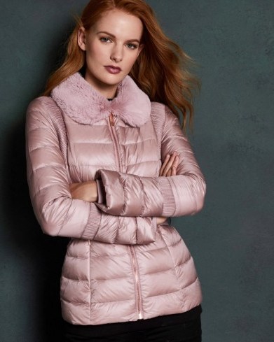 TED BAKER YELTA Quilted down jacket in light pink / faux fur collar - flipped