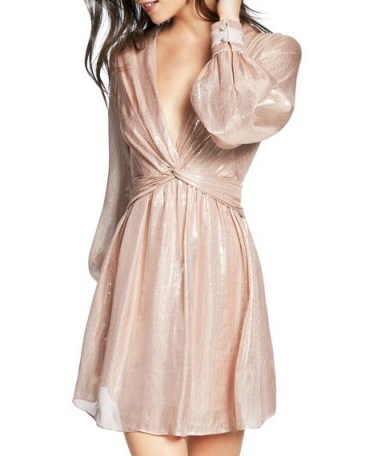 Ramy Brook Elsie Plunging Metallic Short Dress in Blush | plunge front party dresses - flipped