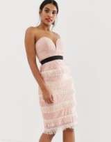 Rare London sequin fringe midi dress with sweetheart neckline in pink in pink | strapless party dresses