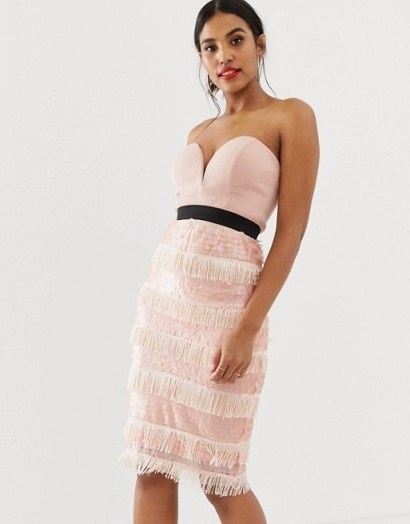 Rare London sequin fringe midi dress with sweetheart neckline in pink in pink | strapless party dresses - flipped