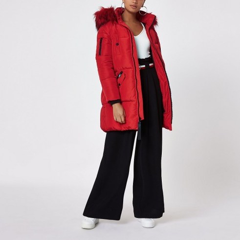 RIVER ISLAND Red faux fur trim longline puffer jacket – warm and snugly bright winter coat - flipped