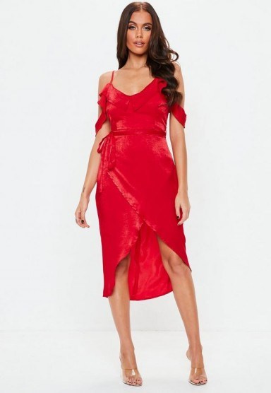 Missguided red satin frill midi dress | strappy cold shoulder dresses - flipped