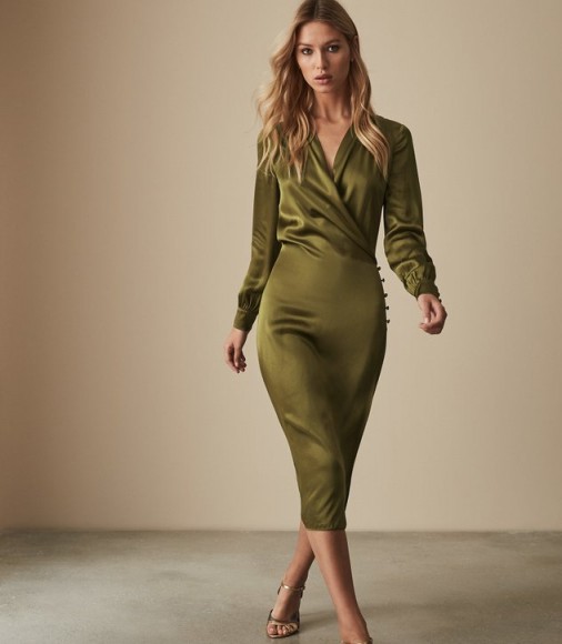 REISS RENAE SATIN WRAP DRESS OLIVE ~ luxe green dresses