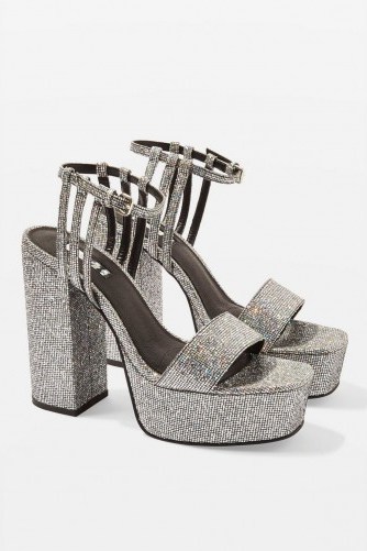 Topshop RINGO Platform Sandals in Silver | sparkly party platforms - flipped