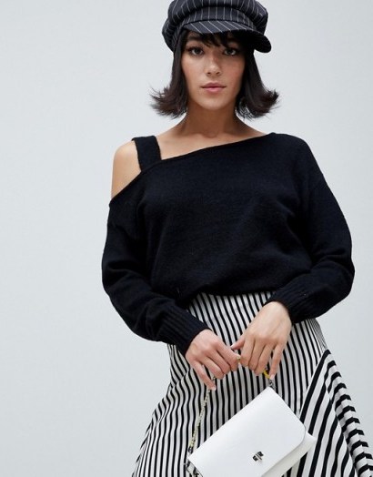 River Island jumper with asymmetric shoulder in black | cold shoulder knitwear - flipped