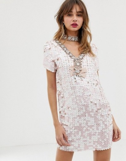 River Island sequin embellished shift dress with collar in pink | party princess - flipped