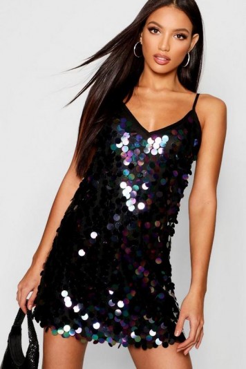 boohoo Rivinda Disc Sequin Slip Dress | strappy sequinned party dresses