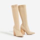 EGO Rocco Block Heel Ankle Sock Boot In Nude Knit – chunky heeled boots