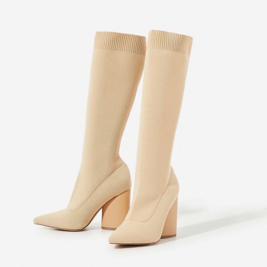 EGO Rocco Block Heel Ankle Sock Boot In Nude Knit – chunky heeled boots - flipped