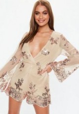Missguided rose gold sequin flared sleeve playsuit | metallic floral party fashion