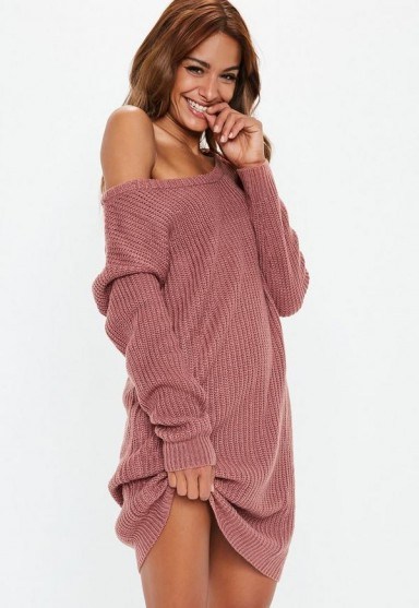 MISSGUIDED rose off shoulder knitted jumper dress – pink sweater dresses - flipped