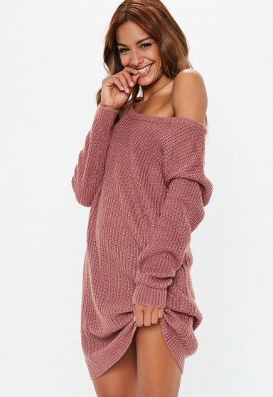 MISSGUIDED rose off shoulder knitted jumper dress – pink sweater dresses