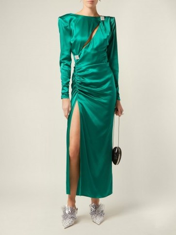 ALESSANDRA RICH Ruched crystal-embellished green silk-satin dress | retro party glamour - flipped