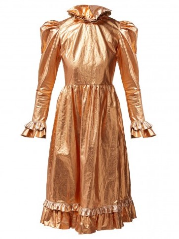BATSHEVA Ruffled gold coated-cotton prairie midi dress - flipped