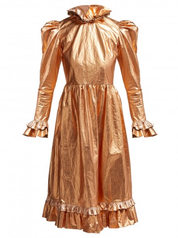 BATSHEVA Ruffled gold coated-cotton prairie midi dress