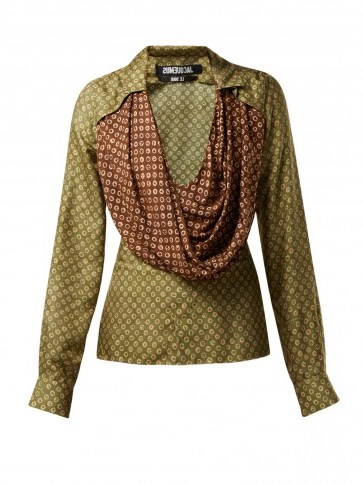 JACQUEMUS Saabi green and brown cowl-neck satin blouse | plunge front blouses - flipped