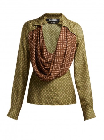 JACQUEMUS Saabi green and brown cowl-neck satin blouse | plunge front blouses