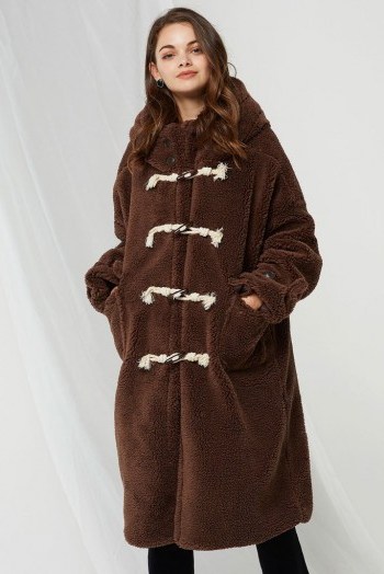 STORETS SAM BOUCLE DUFFLE COAT in brown | snugly winter coats - flipped