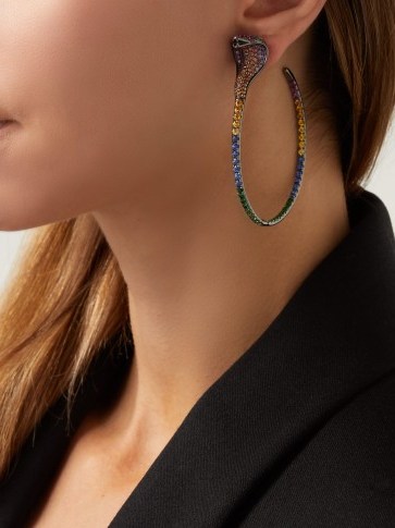 LYNN BAN Sapphire, ruby & rhodium-plated snake earrings ~ large jewelled hoops - flipped