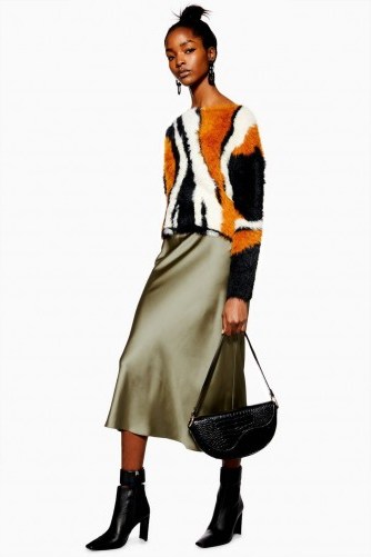 Topshop Satin Bias Midi Skirt in Khaki | slinky skirts - flipped