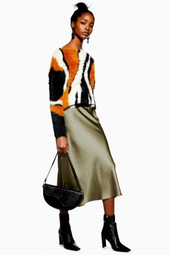 Topshop Satin Bias Midi Skirt in Khaki | slinky skirts