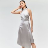 WAREHOUSE SATIN HALTER MIDI DRESS in Silver | luxe style party dresses