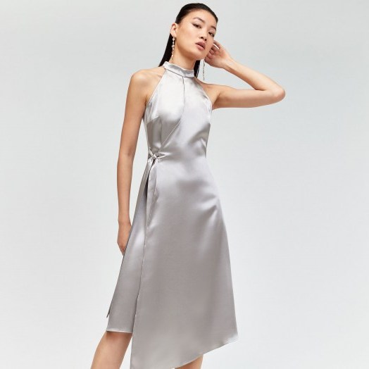 WAREHOUSE SATIN HALTER MIDI DRESS in Silver | luxe style party dresses - flipped