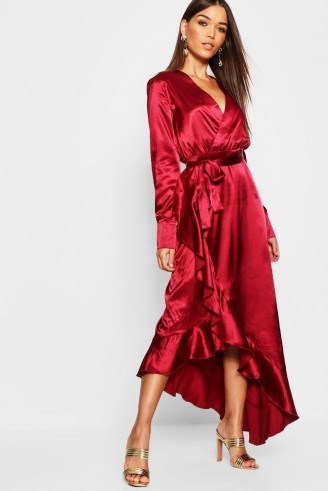 boohoo Satin Ruffle Wrap Maxi Dress in Burgundy | long red party dresses - flipped