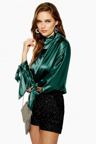 TOPSHOP Satin Tie Sleeve Blouse in Green – glam party fashion