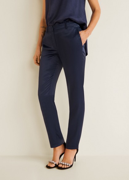 MANGO Satin trousers in blue | straight evening pants