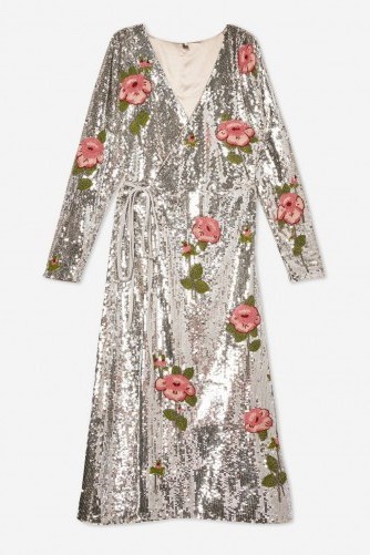 Topshop Sequin Floral Beaded Wrap Dress in Silver | metallic party dresses - flipped