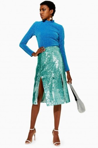 TOPSHOP Sequin Midi Skirt in Aqua – sparkly party fashion - flipped
