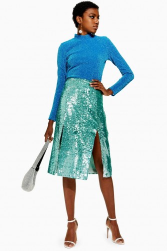 TOPSHOP Sequin Midi Skirt in Aqua – sparkly party fashion